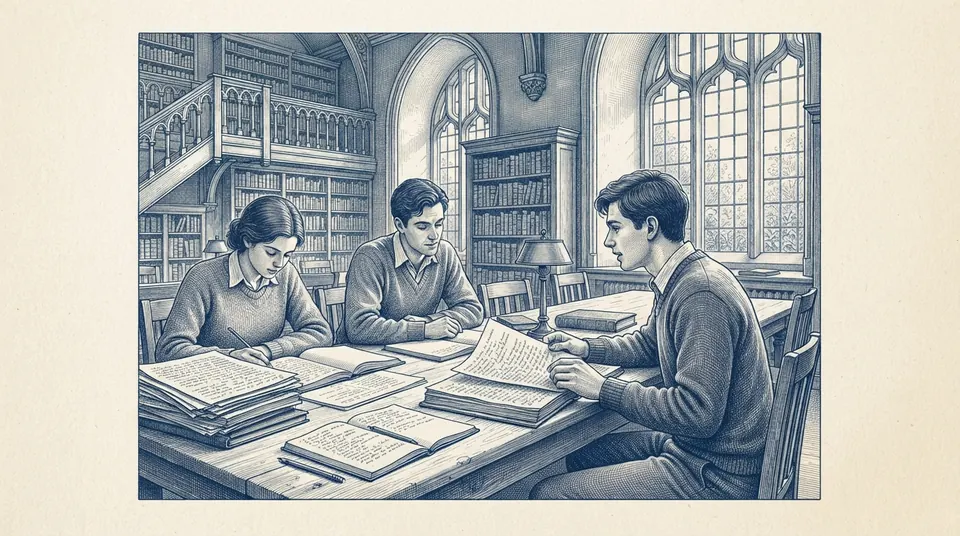 Three students at a long library table comparing successive handwritten drafts while a tutor looks on, tall windows behind. Engraved duotone plate, ink blue on cream paper.