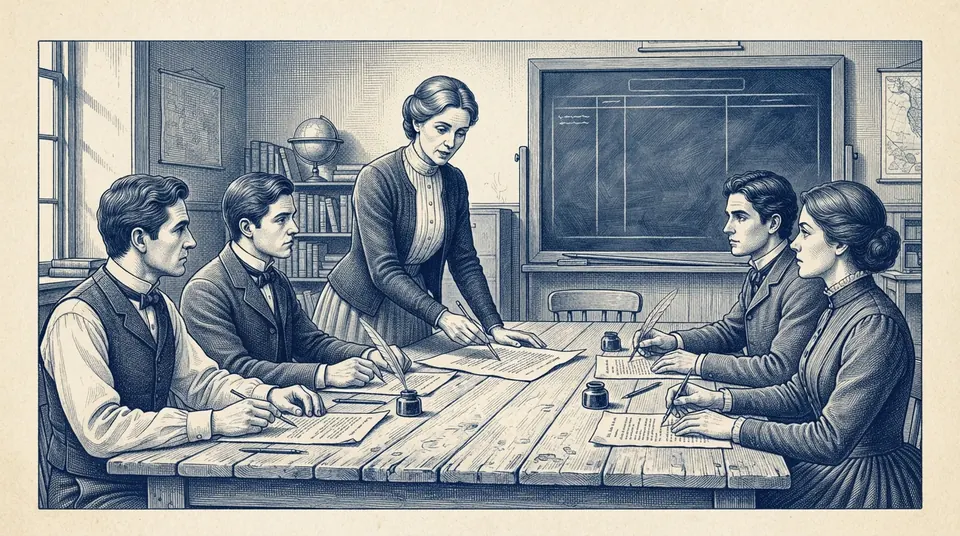 Six teachers around a long table with a draft document each, one pointing to a clause with a pencil, a chalkboard behind. Engraved duotone plate, ink blue on cream paper.