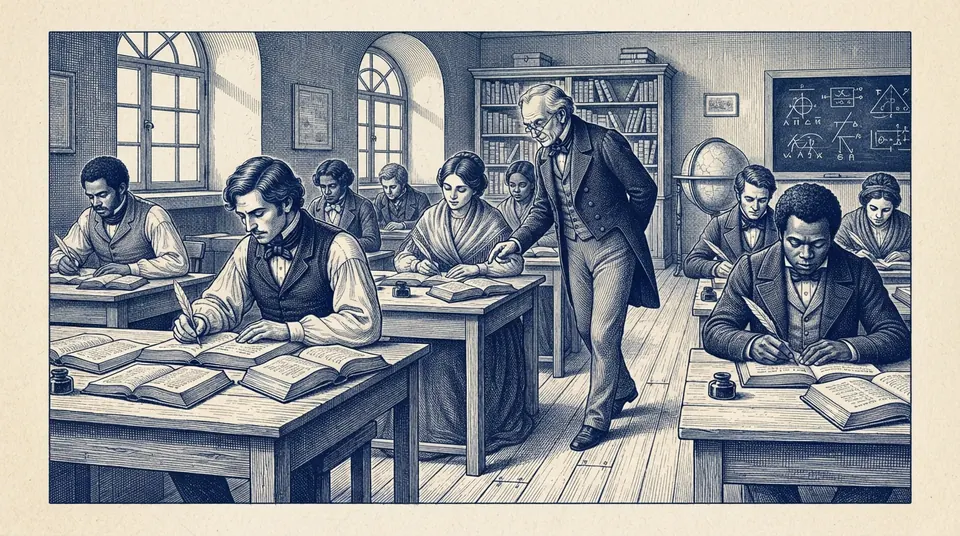 Adult language learners writing carefully in exercise books with bilingual dictionaries open, a teacher walking between the rows. Engraved duotone plate, ink blue on cream paper.