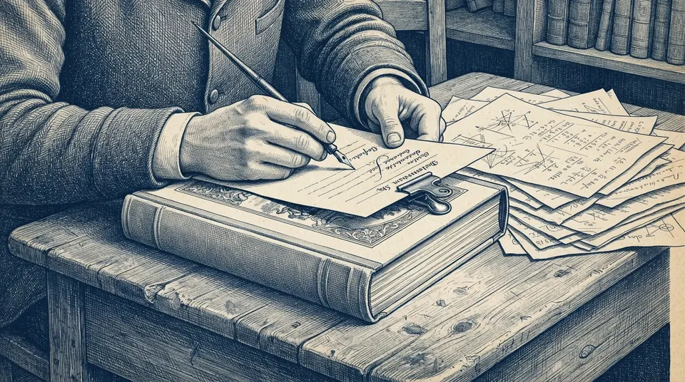 A student's hand signing a declaration sheet clipped to a bound project, drafts and notes stacked beside it on a school desk. Engraved duotone plate, ink blue on cream paper.