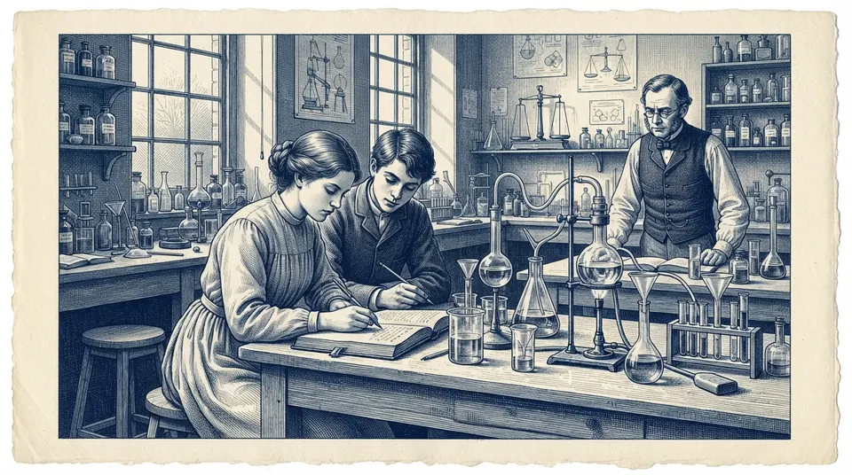 Two students at a school laboratory bench recording an experiment in a bound notebook while the apparatus runs, a teacher watching the work. Engraved duotone plate, ink blue on cream paper.