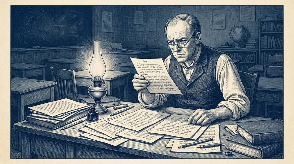 A teacher alone in a classroom after hours reading an essay by lamplight, an earlier essay by the same student open beside it for comparison. Engraved duotone plate, ink blue on cream paper.