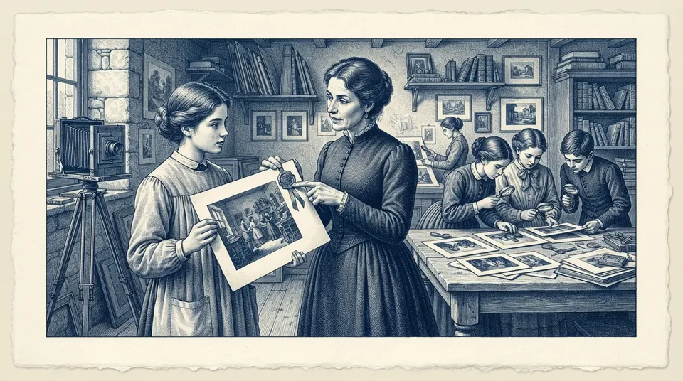 A media studies class: a student holds up a printed photograph while a teacher points to a seal on its corner, others examine prints with magnifying glasses. Engraved duotone plate, ink blue on cream paper.