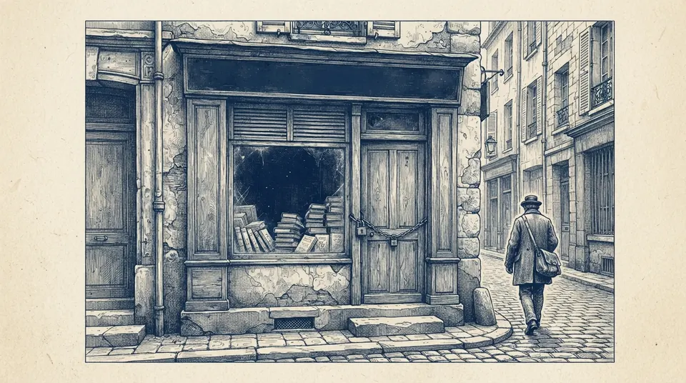 A shuttered shopfront with its sign painted blank, unsold bound essays visible through the dusty window, a padlock on the door. Engraved duotone plate, ink blue on cream paper.