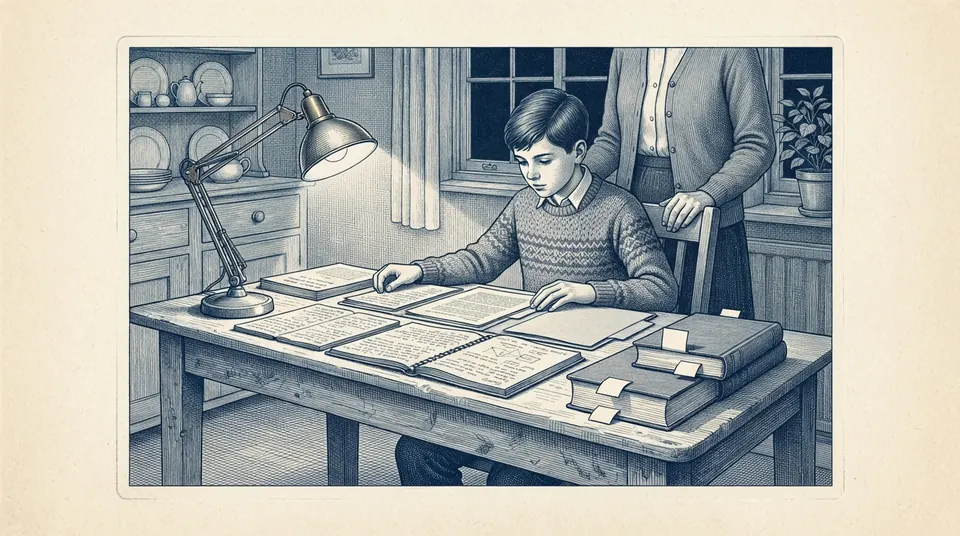A student at a kitchen table under a lamp laying out dated notebook pages, printed drafts and library books in a row, a parent standing behind. Engraved duotone plate, ink blue on cream paper.