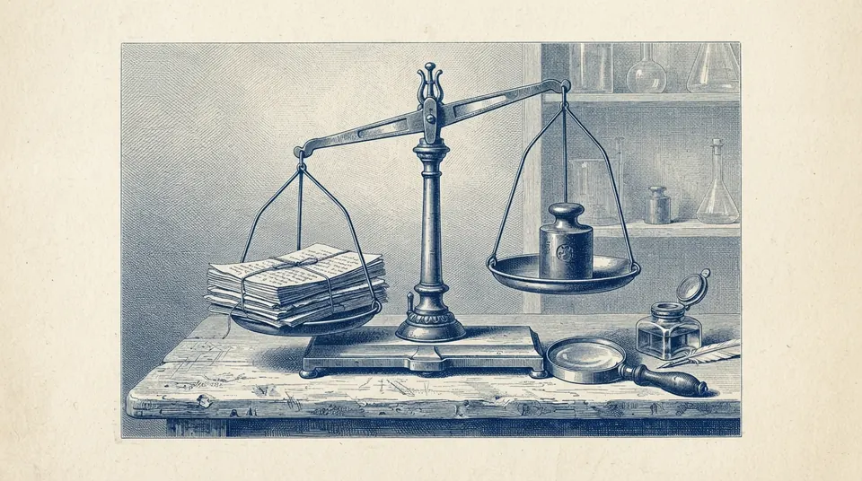 A laboratory balance on a wooden bench, one pan holding a stack of student essays and the other a single brass weight, the beam tipped. Engraved duotone plate, ink blue on cream paper.