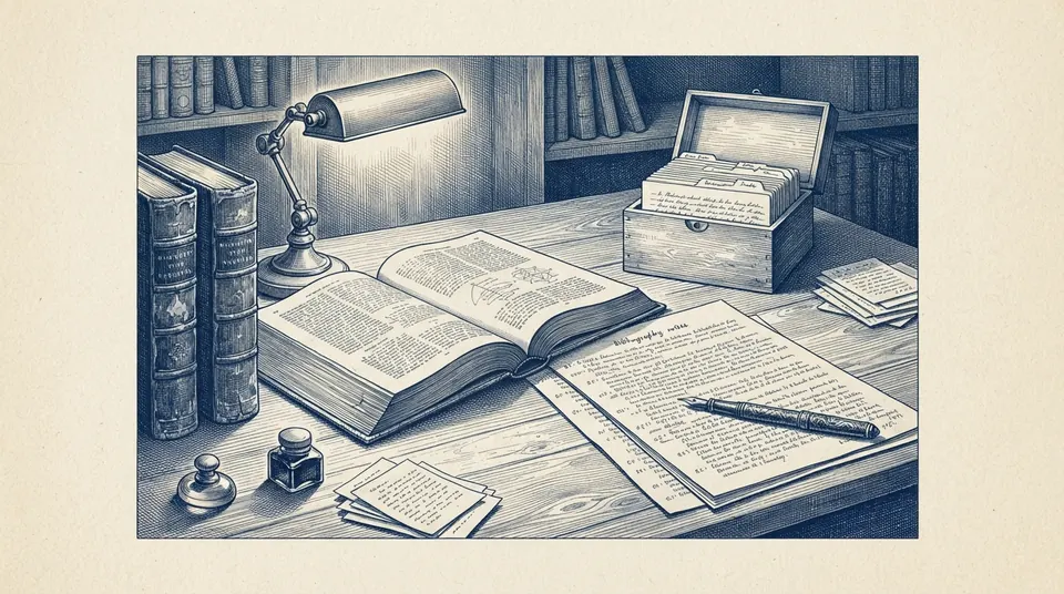 A scholar's desk with style manuals stacked and one open, a fountain pen on a half-finished bibliography page and a box of index cards. Engraved duotone plate, ink blue on cream paper.