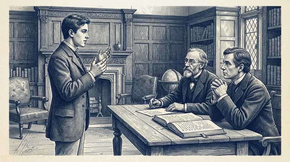 A student standing and explaining with a raised hand in a panelled college room while two examiners sit with the thesis open before them. Engraved duotone plate, ink blue on cream paper.