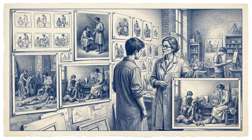 An art studio wall pinned with a student's full process for one piece, from thumbnails to finished drawing, teacher and student discussing the sequence. Engraved duotone plate, ink blue on cream paper.