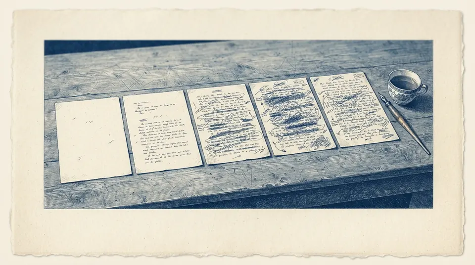 Five successive drafts of a manuscript laid in a row on a long table, each more marked up than the last, a pen and a cup of tea at the end. Engraved duotone plate, ink blue on cream paper.