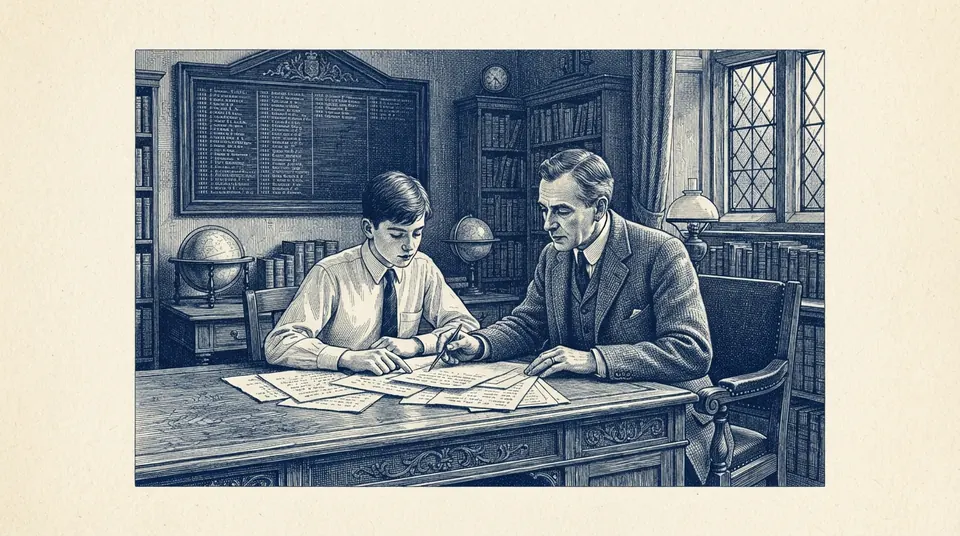 A teacher and a student seated across a study desk, an essay and its handwritten drafts fanned out between them, an old honour board on the wall. Engraved duotone plate, ink blue on cream paper.